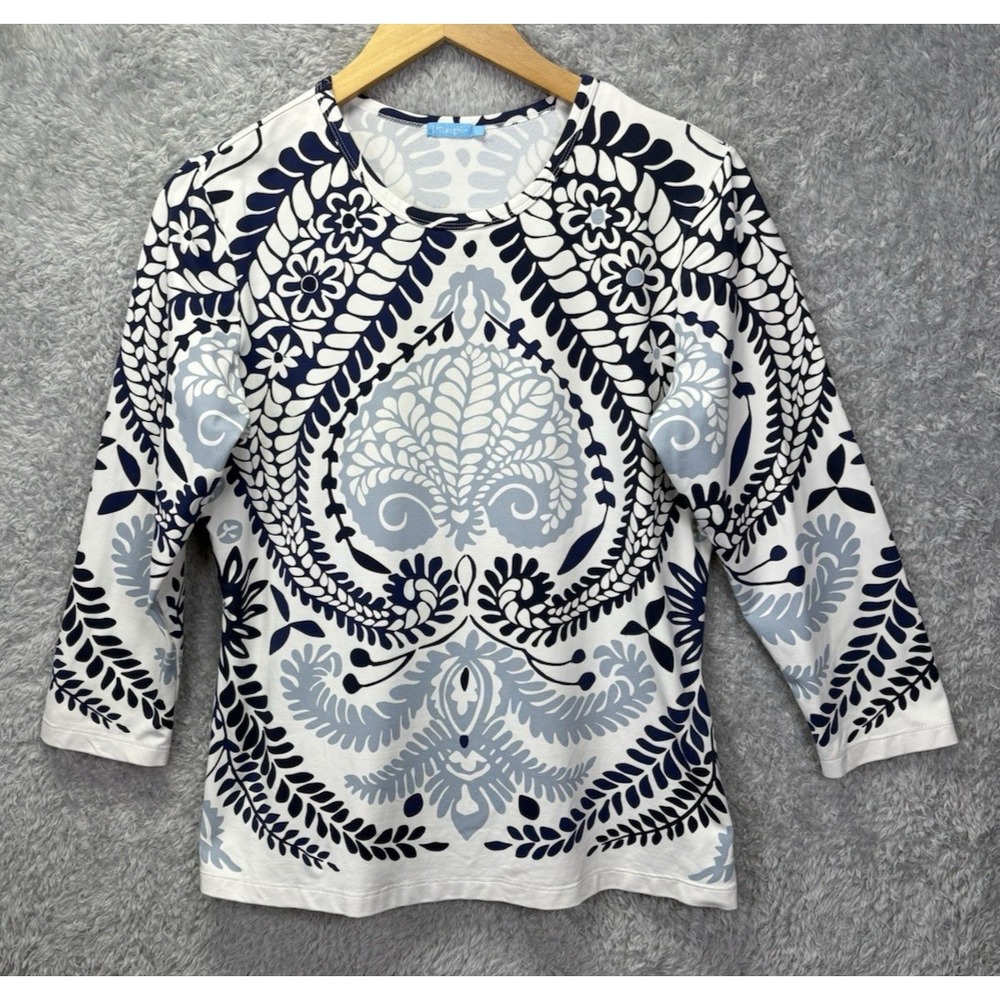 J McLaughlin Womens Large Top Blue White Floral 3/4 Sleeve Catalina Cloth